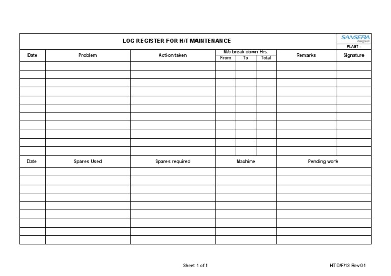 H/T Maintenance Log Register Template | PDF