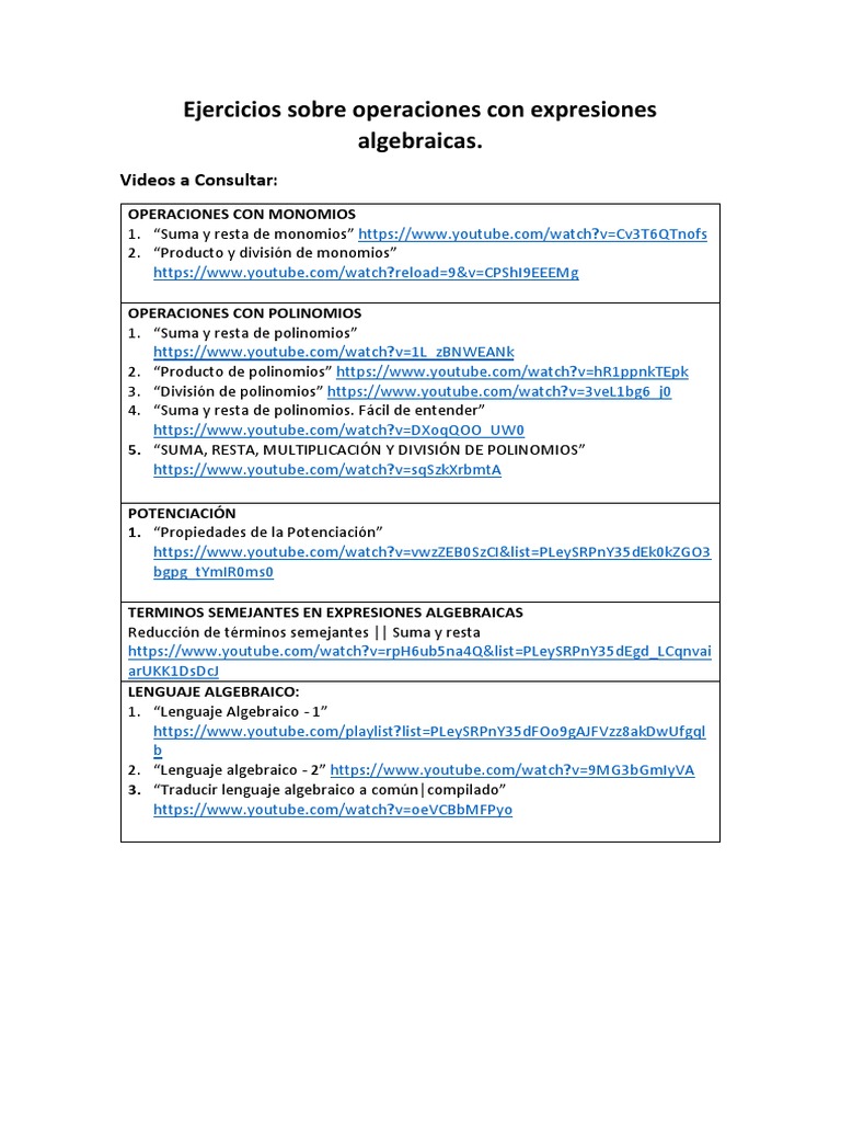 02 Ejercicios Sobre Operaciones Con Expresiones Algebraicas | PDF