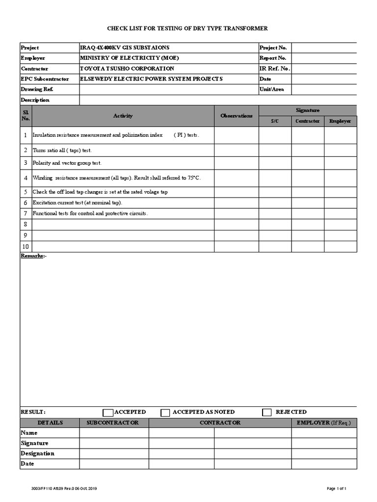 3003-FP110 Att.09 - TESTING OF DRY TYPE TRANSFORMER | PDF