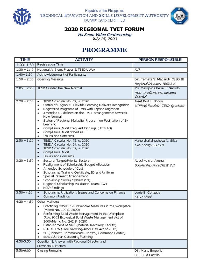2020 TESDA Regional TVET Forum Agenda | PDF | Business