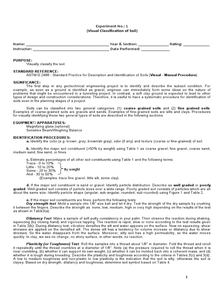 Experiment No.: 1 (Visual Classification of Soil) : by Weight | PDF ...