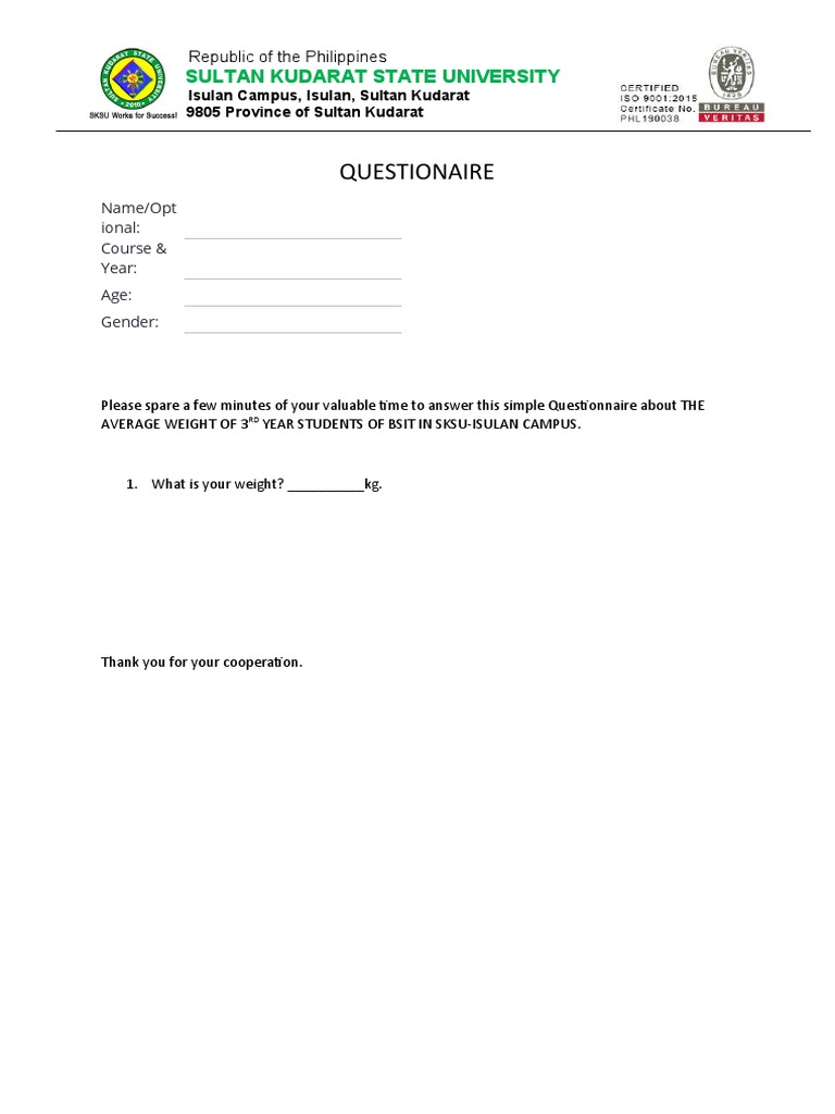 Questionaire: Sultan Kudarat State University | PDF | Wellness