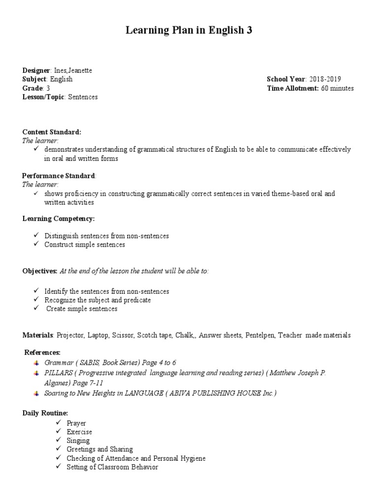 Learning Plan in English Simple SEntences | PDF | Subject (Grammar ...