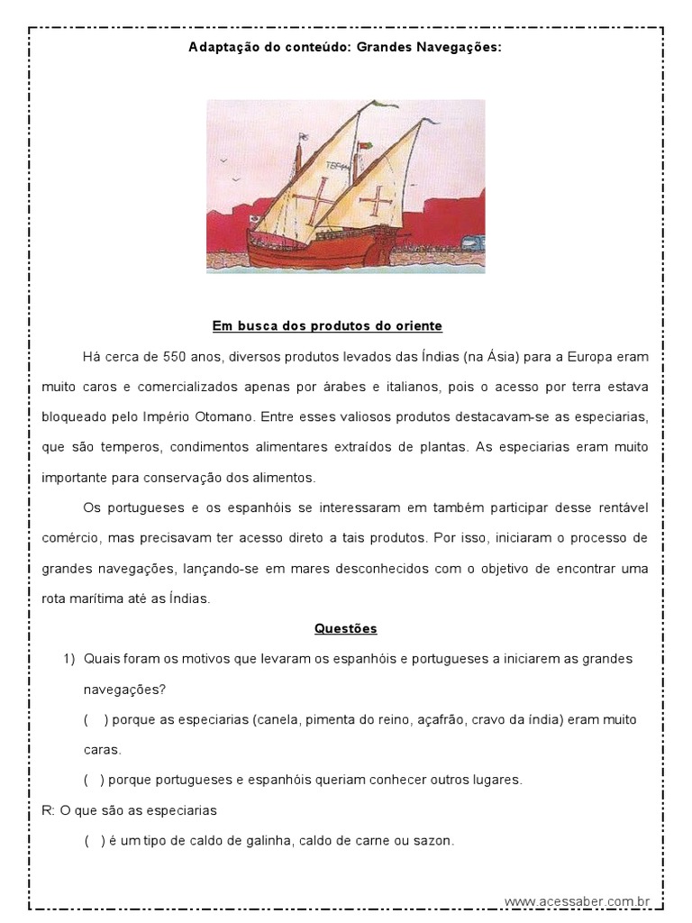 Atividade de Historia o Inicio Das Grandes Navegacoes 4º Ano ...