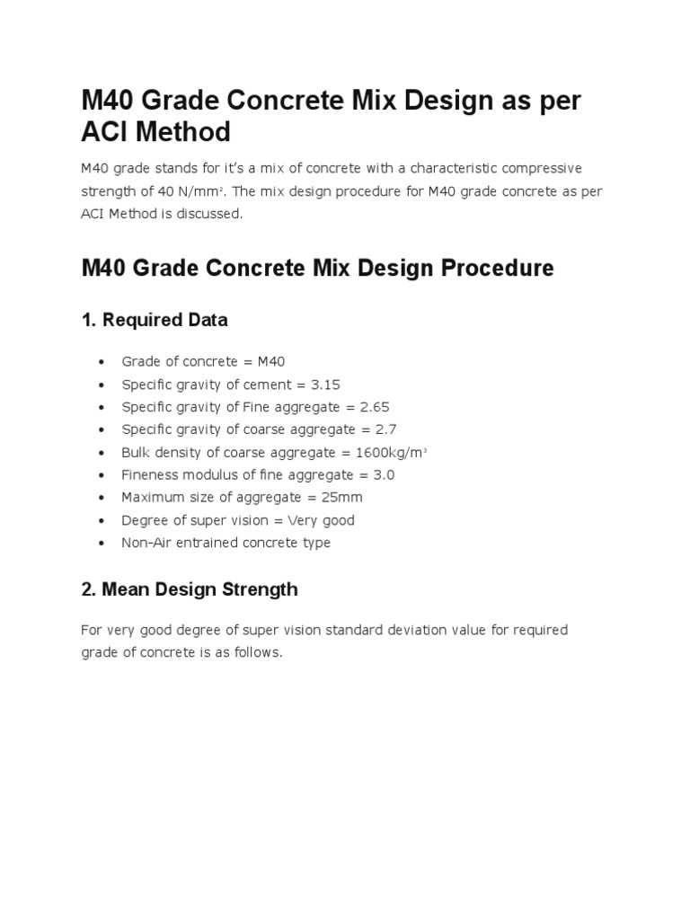 M40 Grade Concrete Mix Design As Per ACI Method PDF Construction