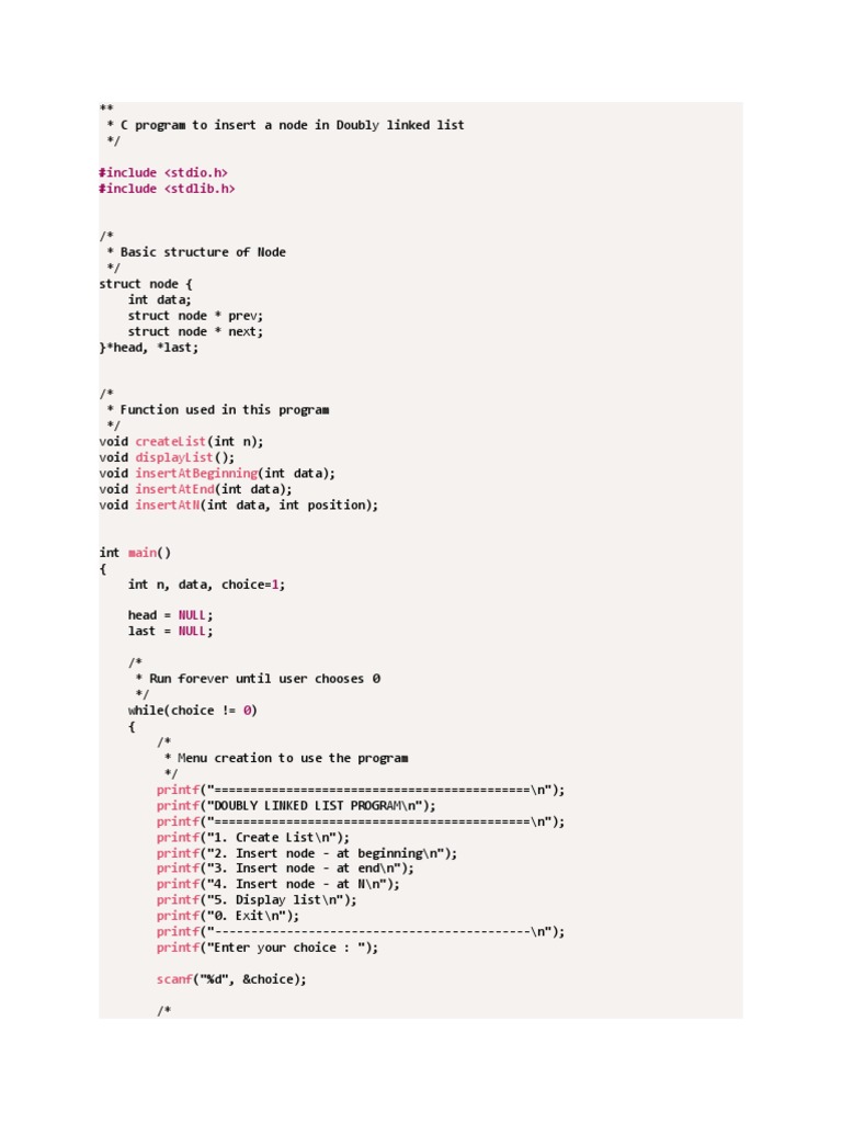 C Program To Insert A Node in Doubly Linked List | PDF | Data ...