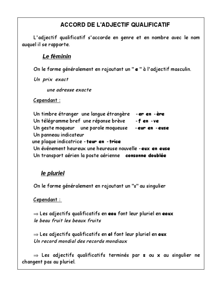 Accord De L adjectif Exercices à Imprimer Accord de L'adjectif Qualificatif | PDF