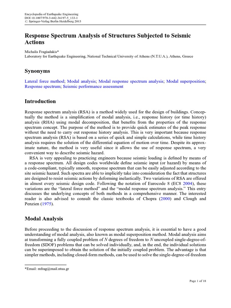 Response Spectrum Analysis Of Structures Subjected To Seismic Actions