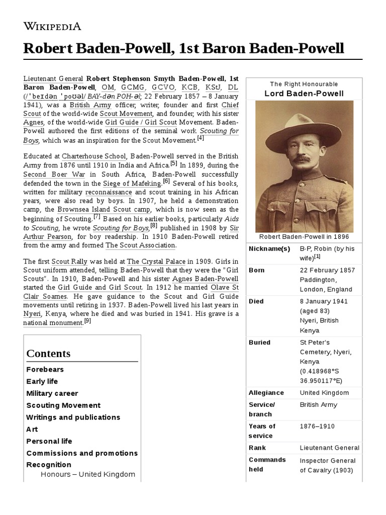 Robert Baden-Powell, 1st Baron Baden-Powell | PDF | Scouting | Outdoor ...
