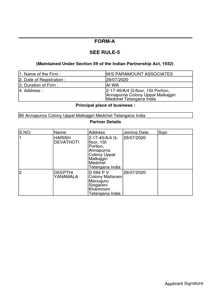 FormA See Rule5 (Maintained Under Section 59 of The Indian