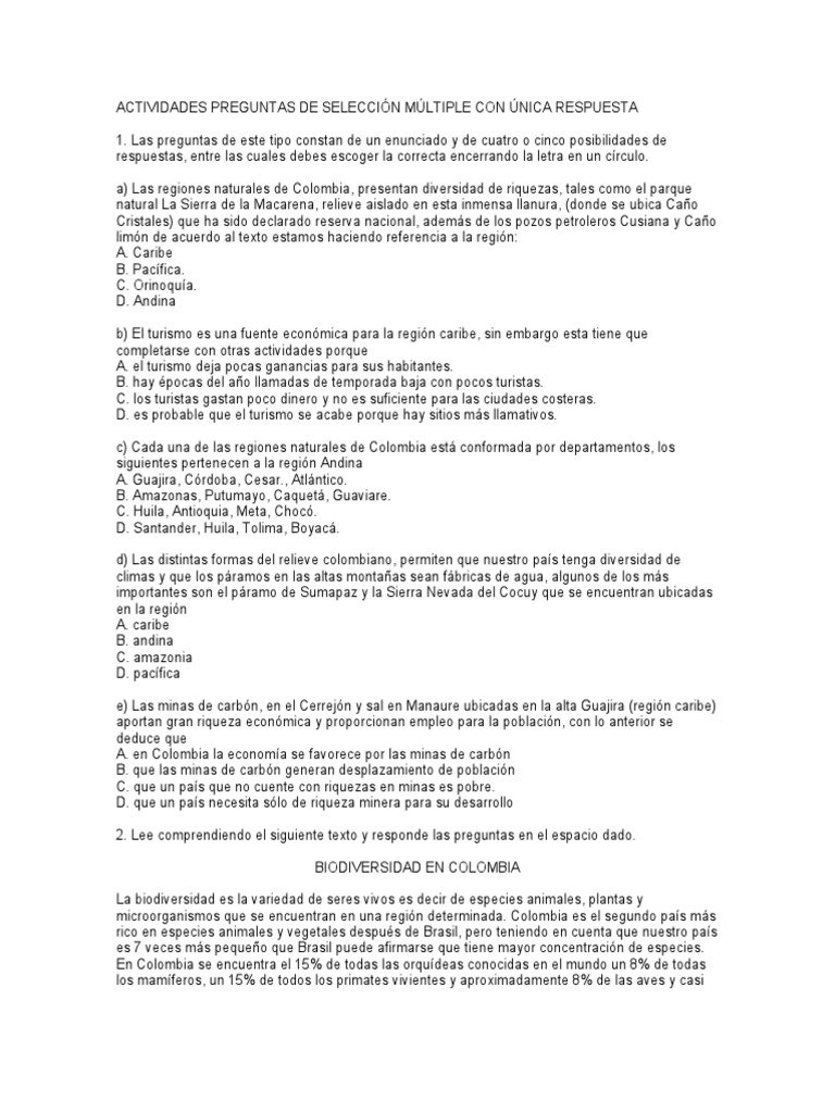 Actividades sobre Regiones Naturales de Colombia | PDF | Colombia ...