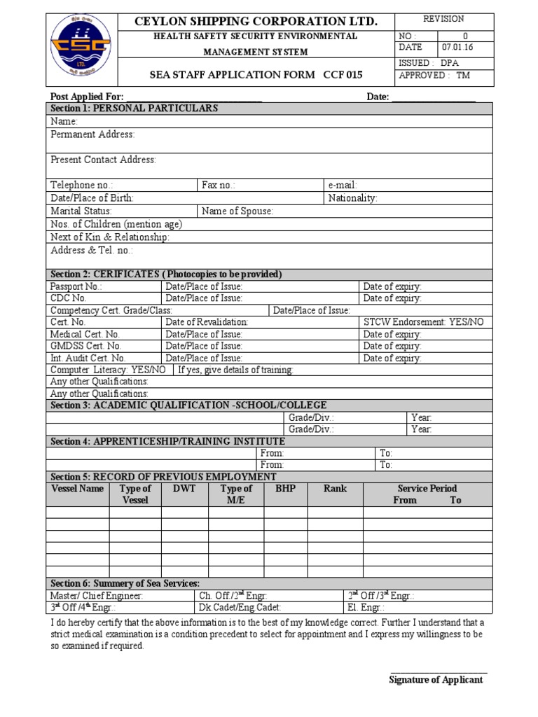 CCF 015 Sea Staff Application Form PDF Business