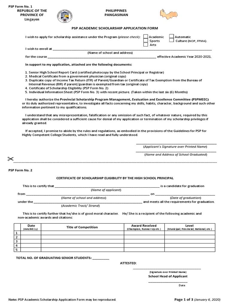 PSP Academic Scholarship Application Form | PDF | Government | Learning