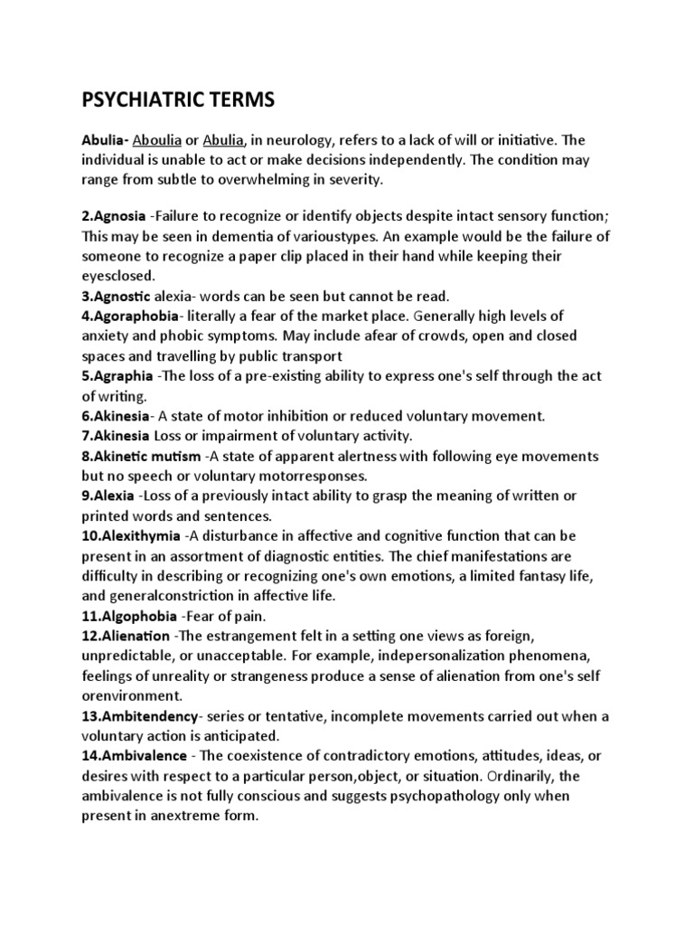 Psychiatric Terms PDF Psychiatry Related Fields Mental Health