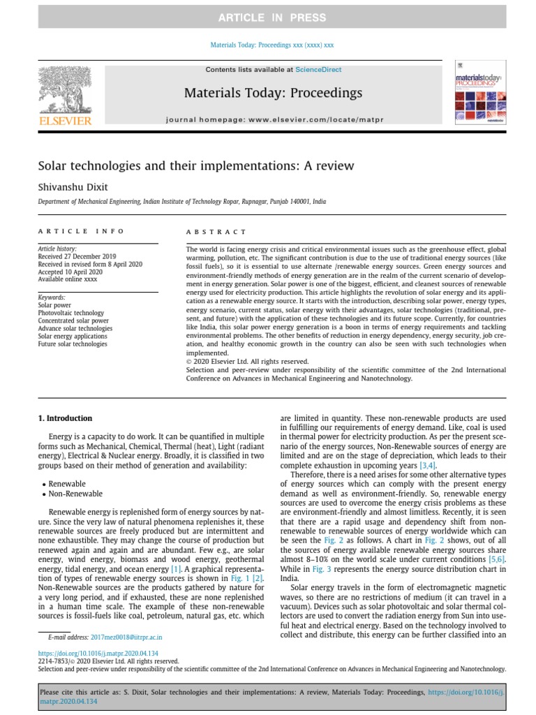 Materials Today Proceedings Shivanshu Dixit PDF Solar Power