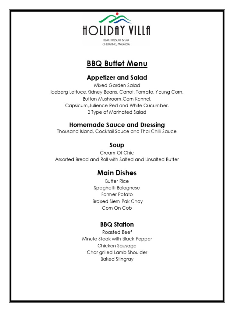 Bbq Buffet Menu Appetizer And Salad Pdf