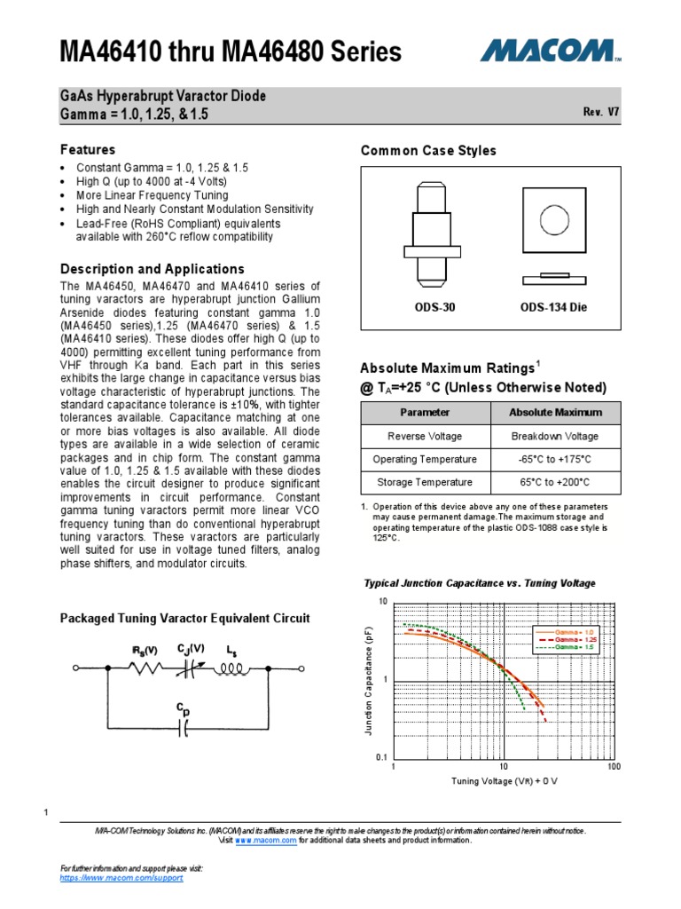 Ma46410 Thru Ma46480 Series Gaas Hyperabrupt Varactor Diode Gamma 1.0