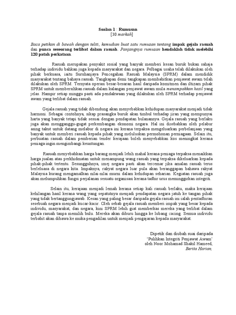 Baca Petikan Di Bawah Dengan Teliti, Kemudian Buat Satu Rumusan Tentang ...