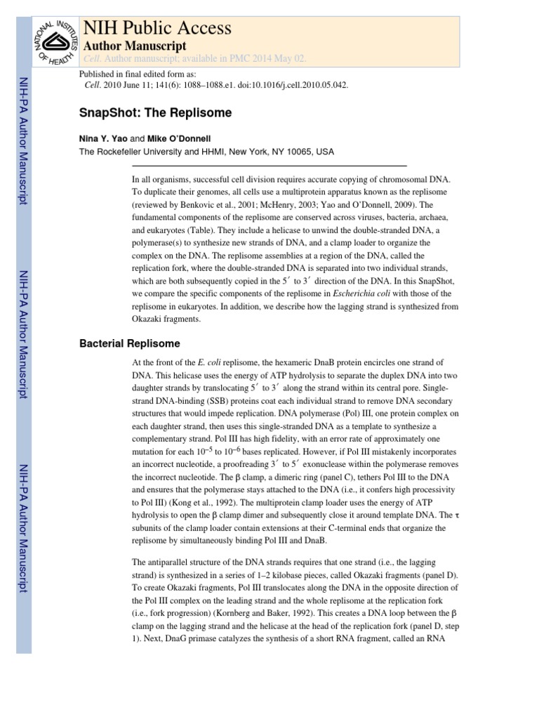 Nih Public Access Snapshot The Replisome PDF Dna Replication