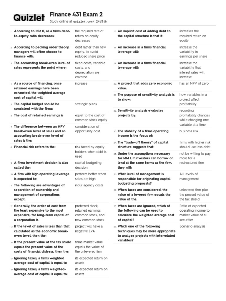 Quizlet Test 2 WACC PDF PDF Leverage (Finance) Cost Of Capital