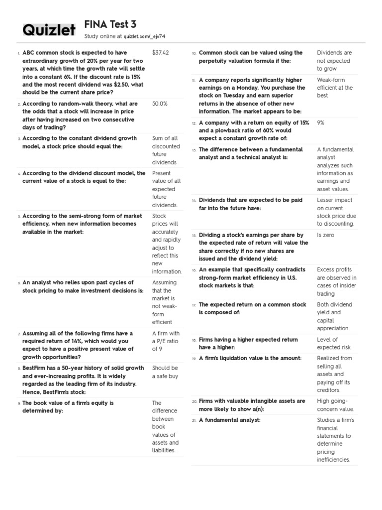 Quizlet Test 3 PDF PDF Stocks Dividend