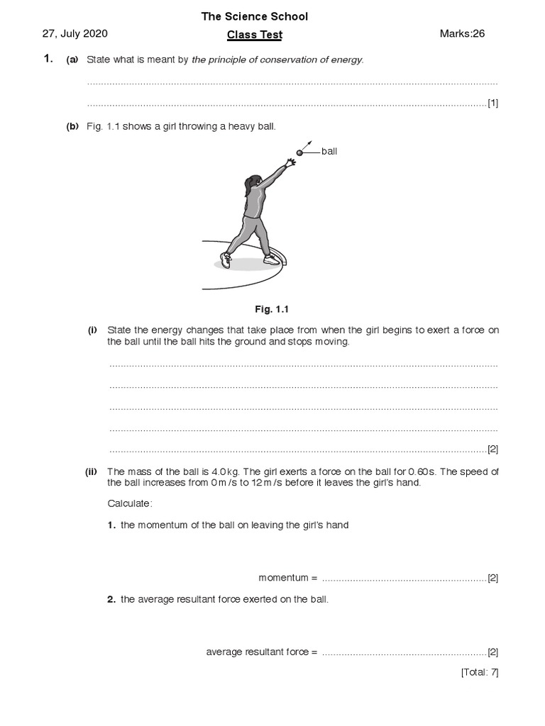 Class Test 28 July 2020 PDF | PDF | Force | Mass