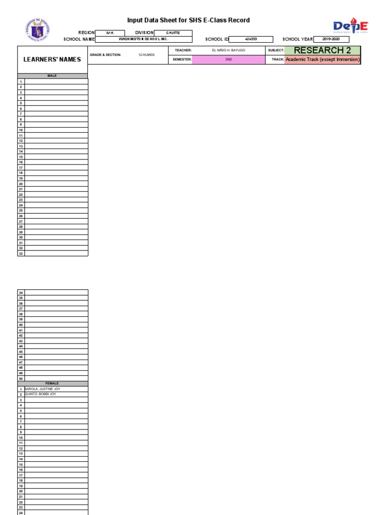 Research 2: Input Data Sheet For SHS E-Class Record | PDF | Teaching ...