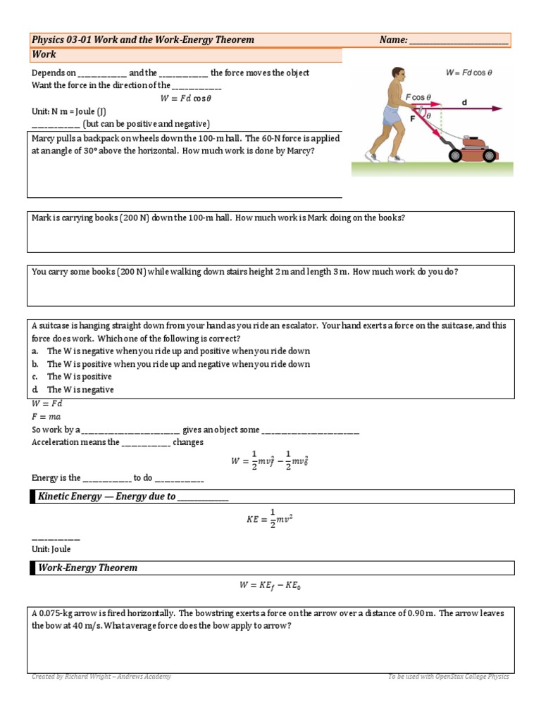 Physics 22-22 Work and The Work-Energy Theorem  PDF  Kinetic With Regard To Work And Energy Worksheet Answers