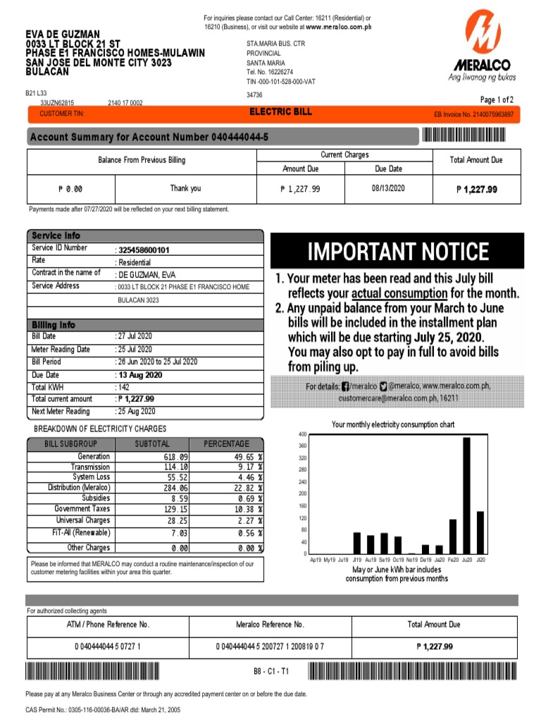 Meralco Bill 325458600101 07272020 3 3591 Pdf Value Added Tax Kilowatt Hour