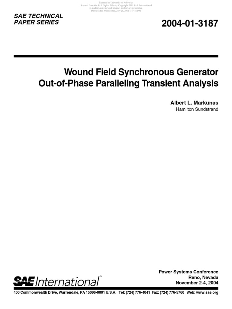 Wound Field Synchronous Generator OutofPhase Paralleling Transient