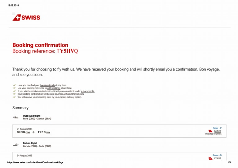 Swiss Booking Confirmation Booking Reference TY5HVQ PDF
