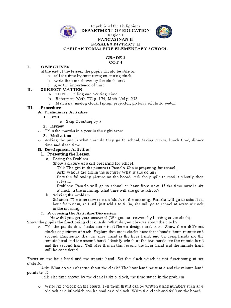 Cot 4 Grade 1 PDF Clock Hour