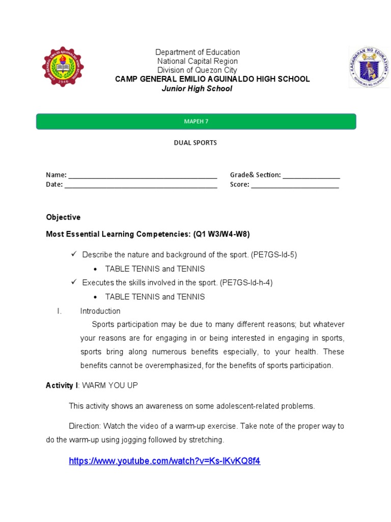 Pe Worksheet Dual Sports | PDF | Table Tennis | Racquet Sports