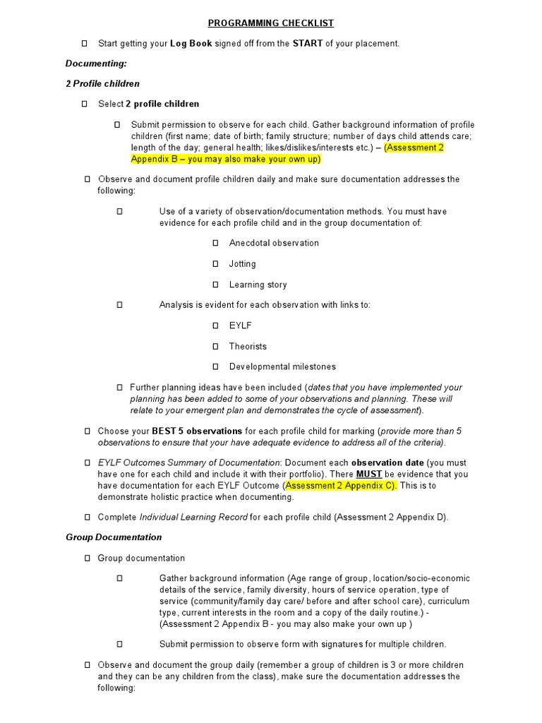 Early Childhood Programming Checklist | PDF | Behavior Modification ...