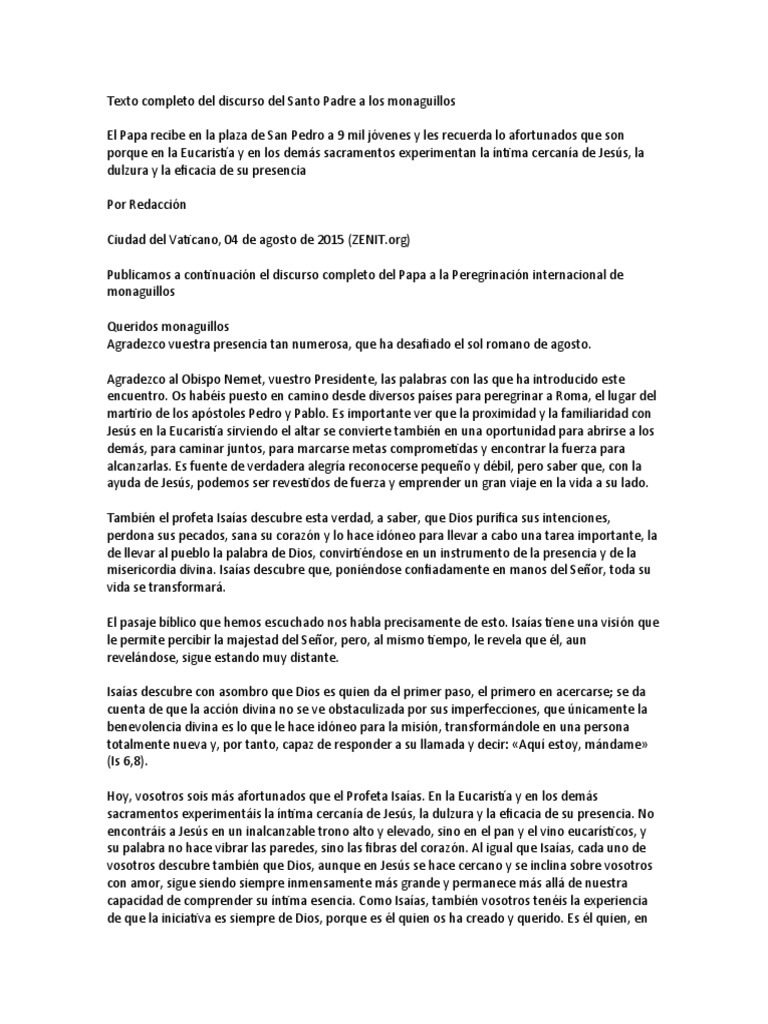 Discurso Del Papa Francisco A Los Monaguillos Pdf Eucaristía Papa