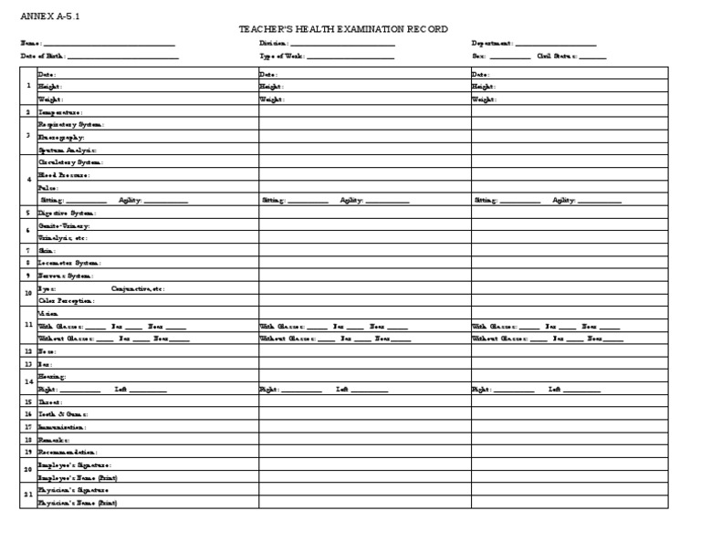 Teacher Health Examination Record | PDF