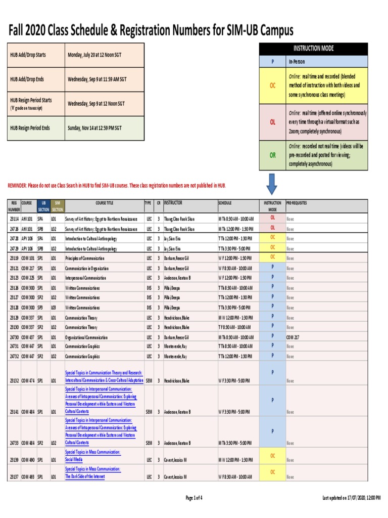 SIM-UB Fall 2020 Course Schedule | PDF | Academia | Communication