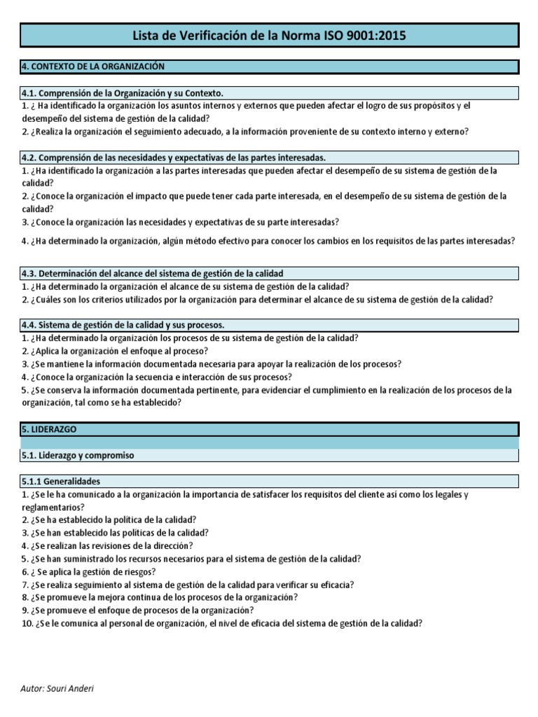 Lista de Verificación de La Norma ISO 9001 2015-Souri Anderi | PDF ...
