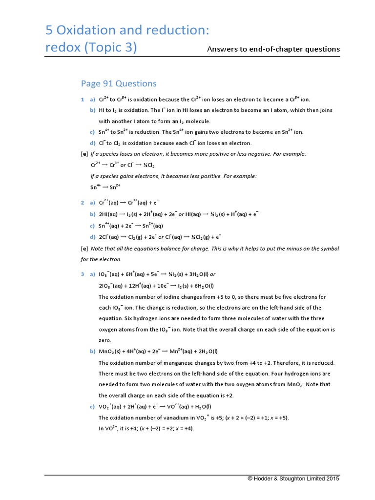 5 Oxidation and Reduction: Redox (Topic 3) : Page 91 Questions | PDF ...