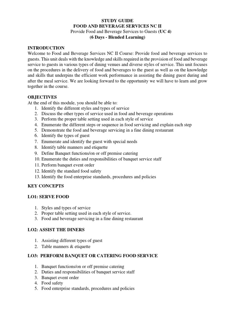 Food and Beverage Services NC II Guide | PDF | Restaurants | Foodservice