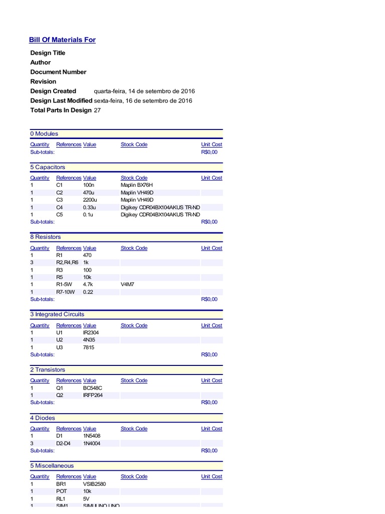 Bill of Materials for Electronic Design | PDF | Technology & Engineering