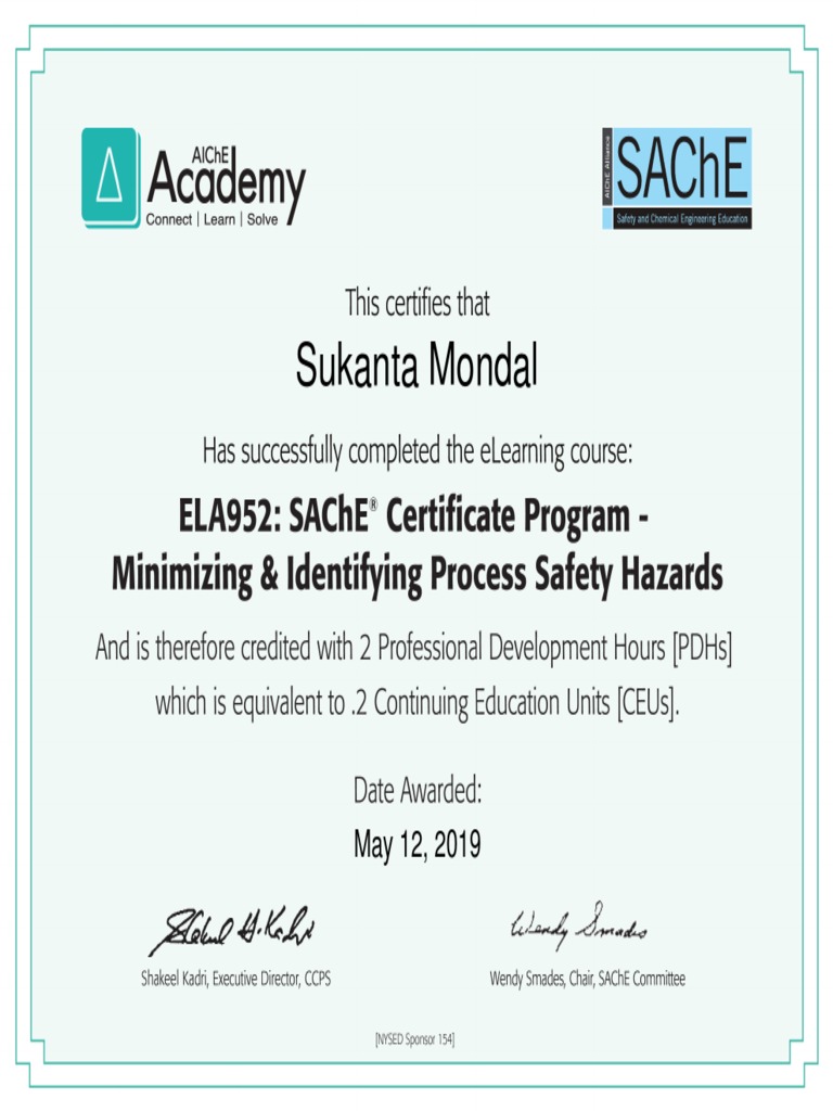 SAChE Certificate 3 - Identifying and Minimizing Process Safety Hazards ...