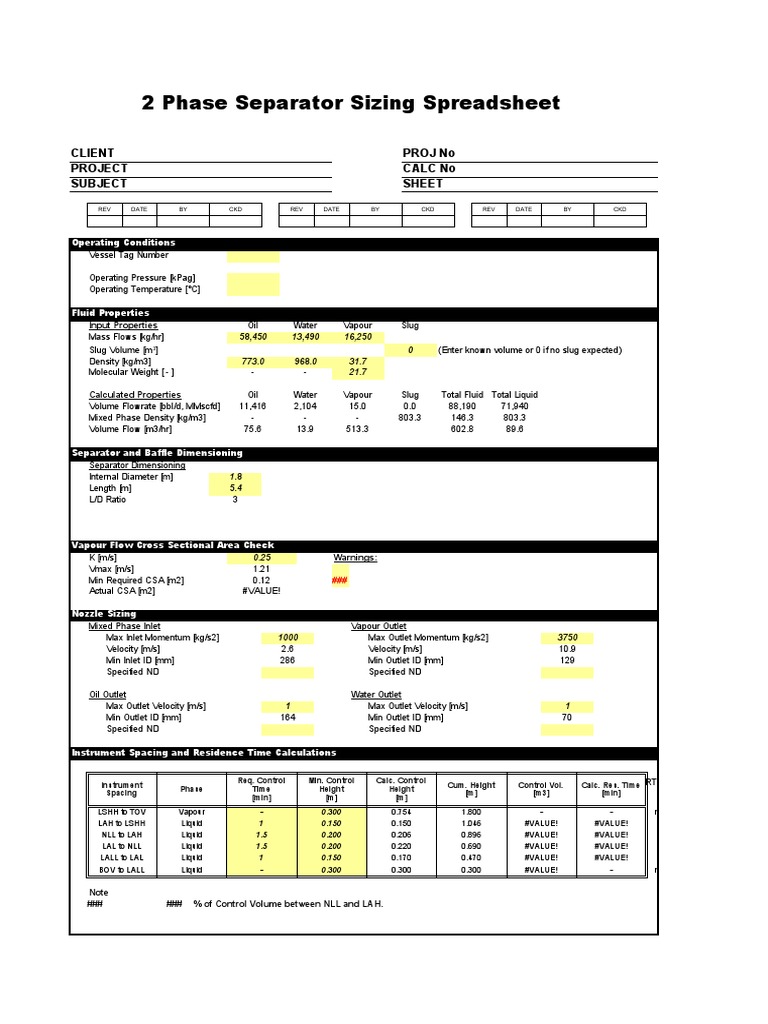 2 Phase Separator Sizing Spreadsheet Client Proj No Project Calc No