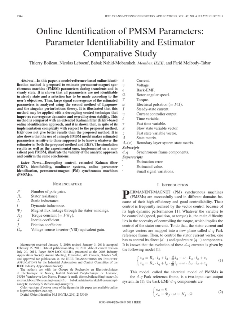 Online Identification of PMSM Parameters: Parameter Identifiability and ...
