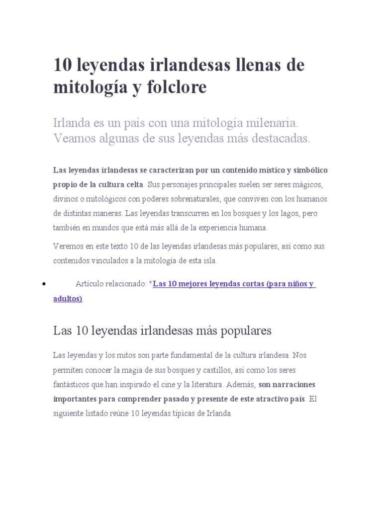 10 Leyendas Irlandesas Llenas de Mitología y Folclore | PDF | Mitología ...