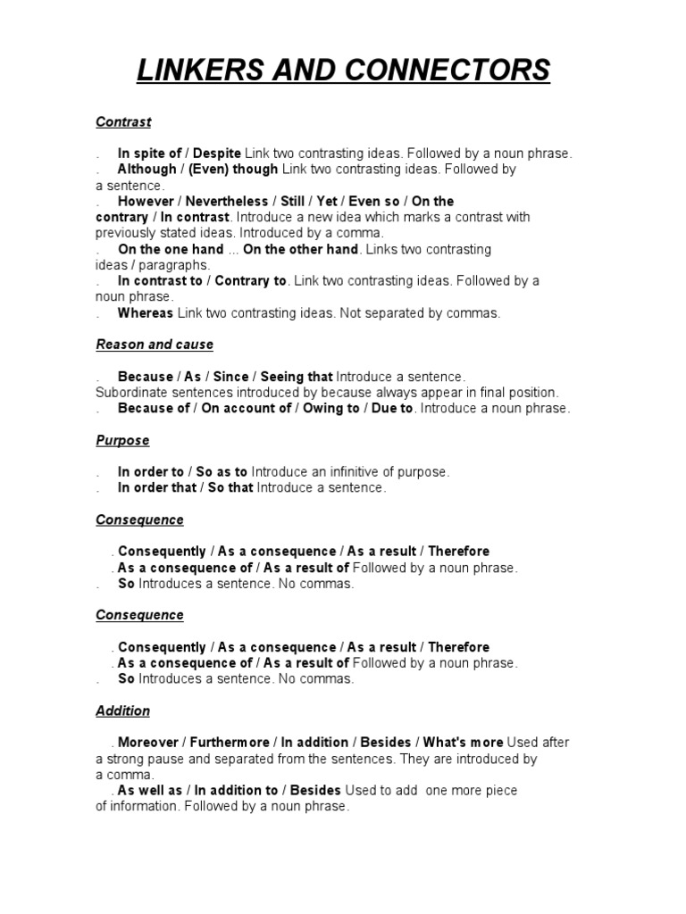 Linkers and Connectors | PDF | Clause | Sentence (Linguistics)