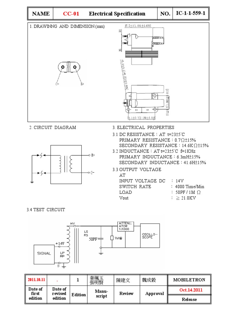 Electrical Specification Name NO.: 1. Drawinng and Dimension. (MM ...