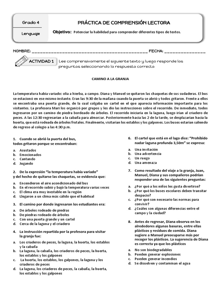Comprensión Lectora Cuarto | PDF