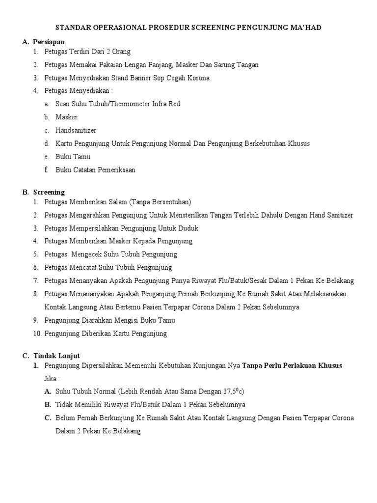 SOP Screening Pengunjung Ma'had COVID-19 | PDF
