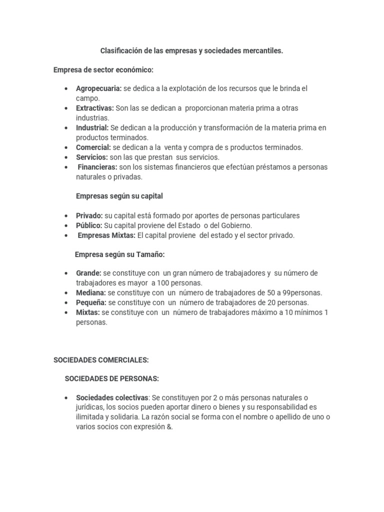 Clasificación de Empresas y Sociedades Mercantiles | PDF | Sociedad de ...